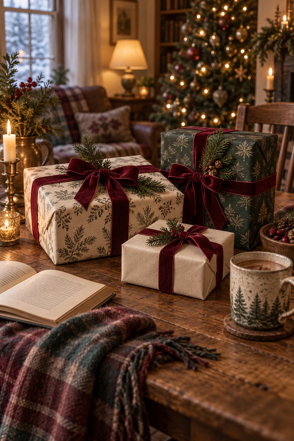 Wrapped gifts in a Christmas setting